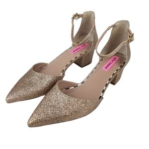 Betsey Johnson Maibel Gold Glitter Pointed Toe Block Heels Size 8.5